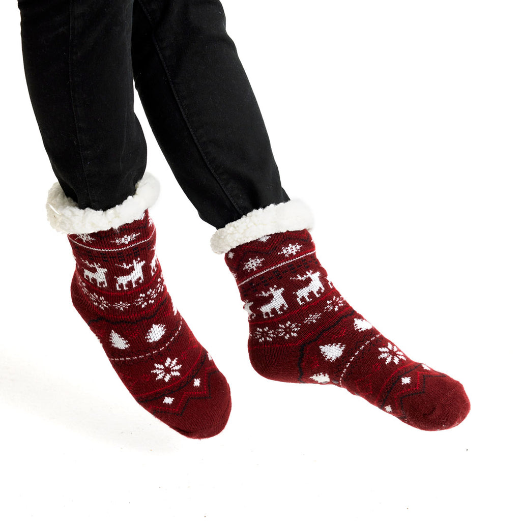 Burgundy Rubber Sole Christmas Socks with Reindeers Womens and Mens