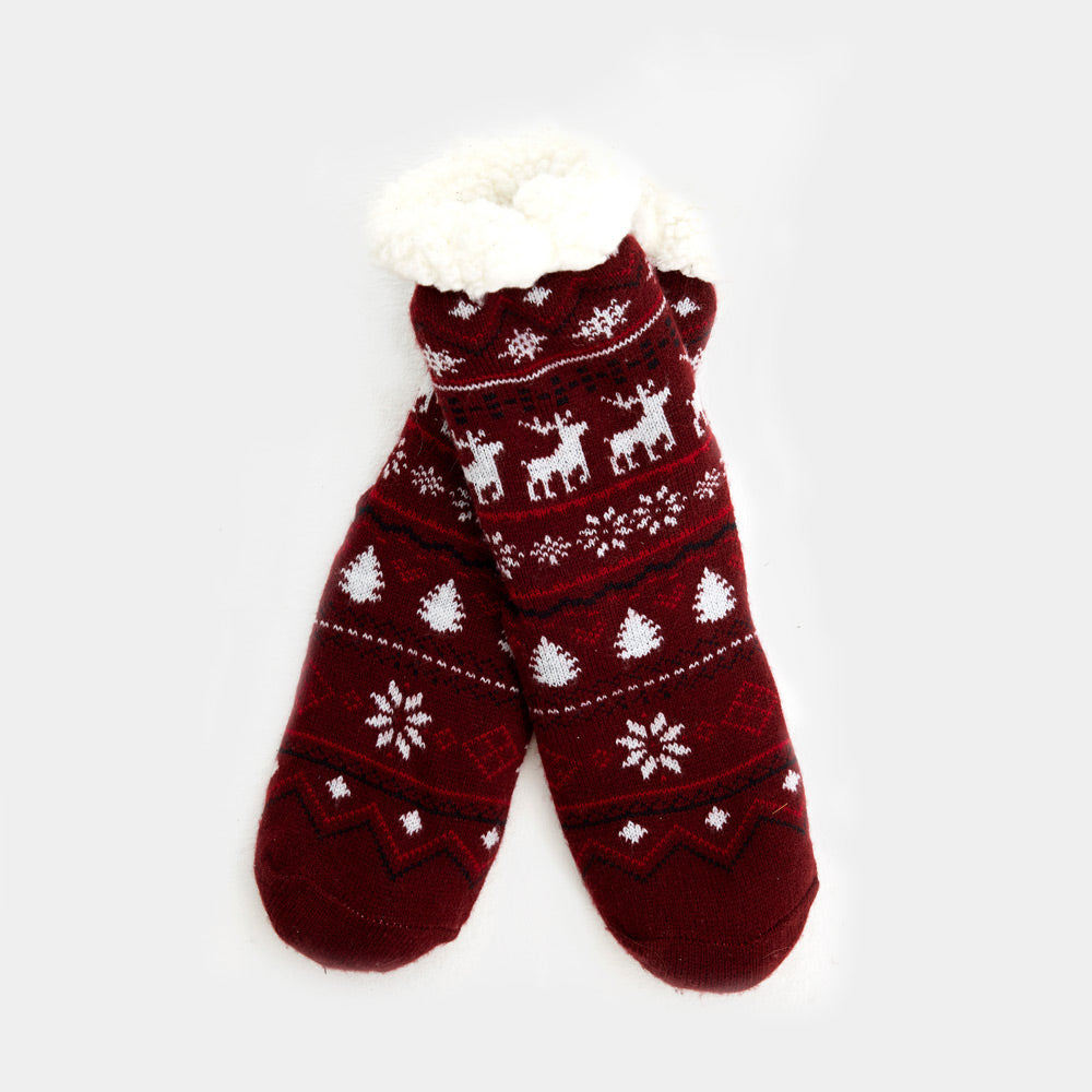 Burgundy Rubber Sole Christmas Socks with Reindeers