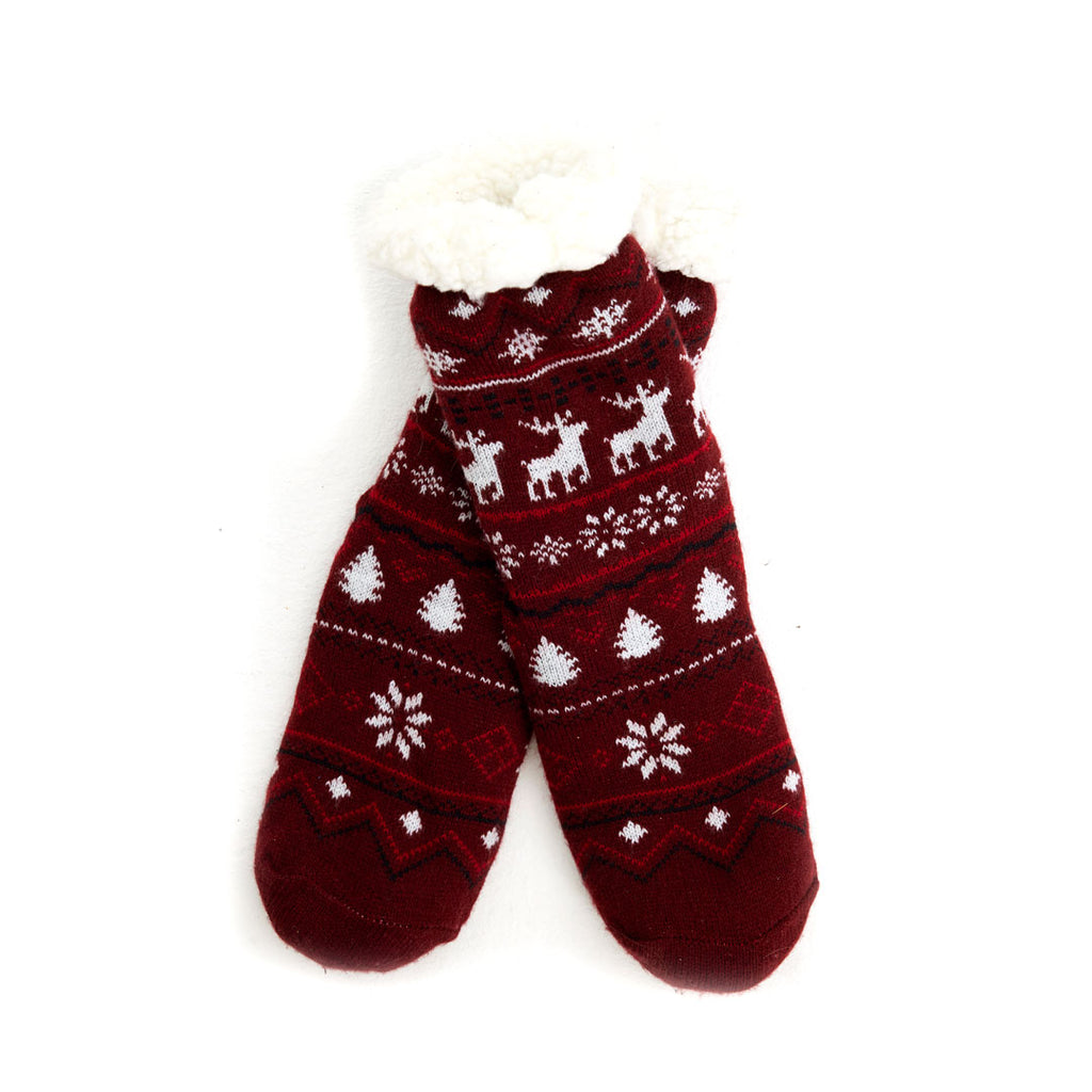 Burgundy Rubber Sole Christmas Socks with Reindeers