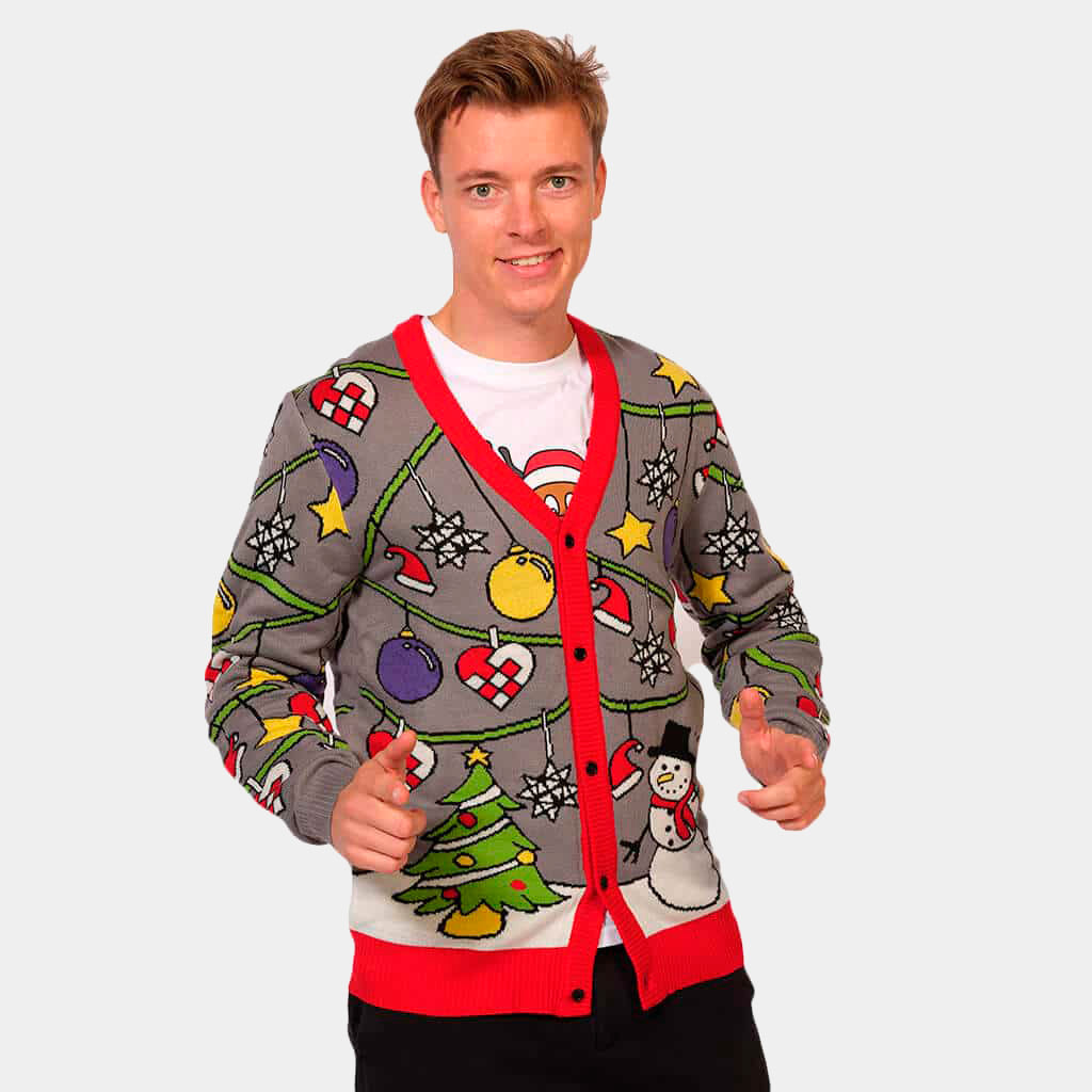 Cardigan Christmas Jumper with Tree and Snowman Mens