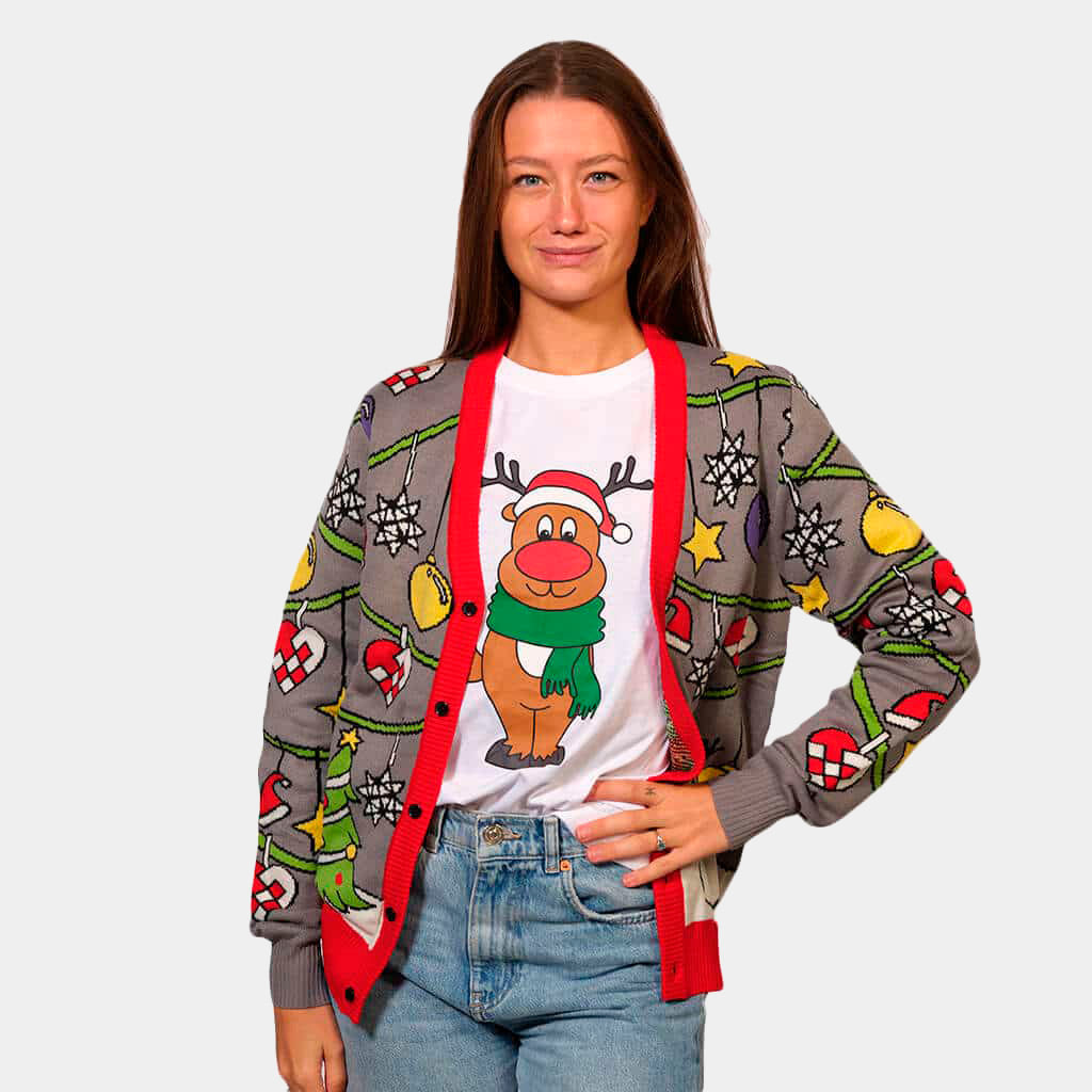 Cardigan Christmas Jumper with Tree and Snowman Womens