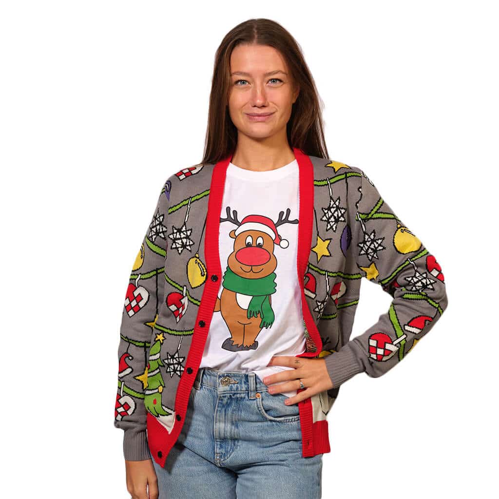 Cardigan Christmas Jumper with Tree and Snowman Womens