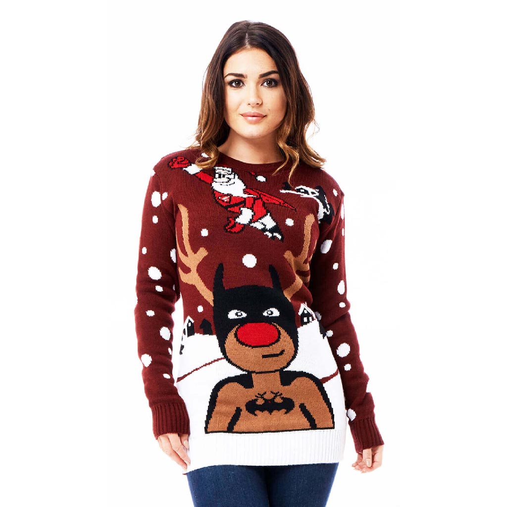 Christmas Jumper with Batman Rudolph and Superman Santa Womens