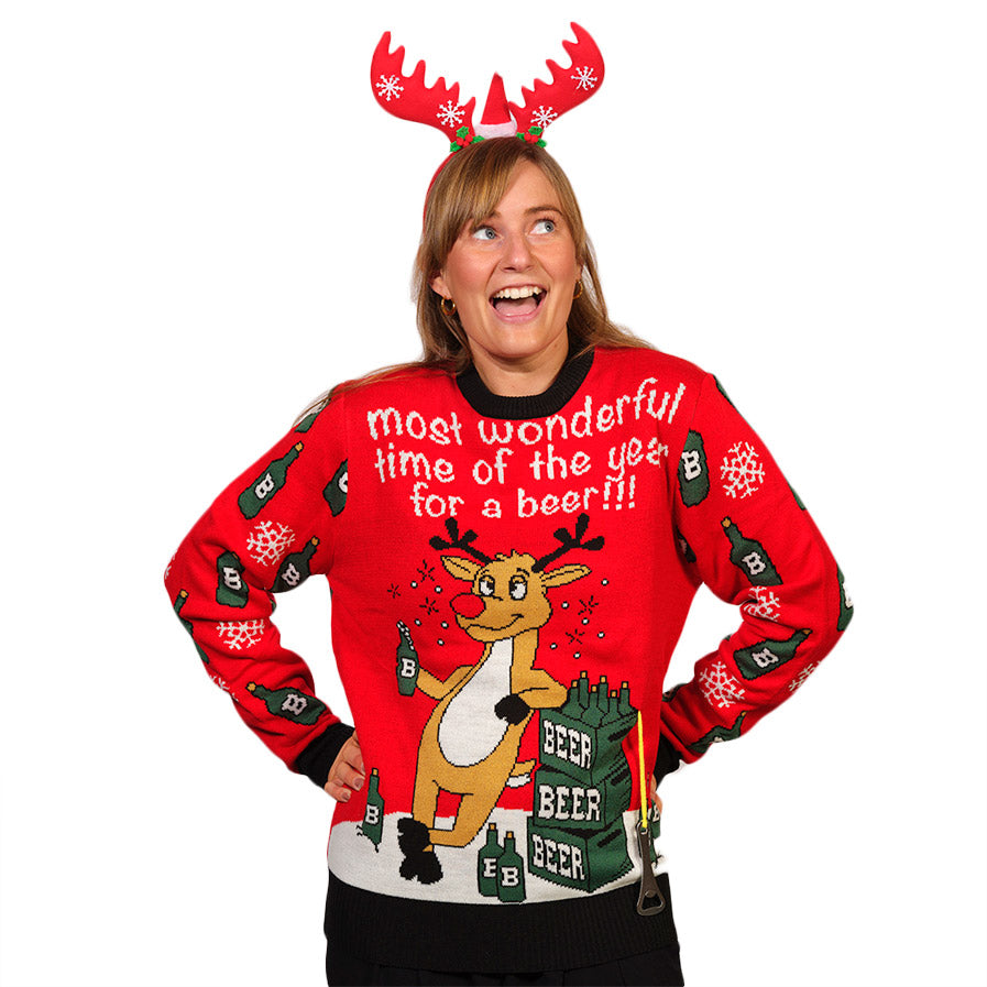 Christmas Jumper with Reindeer + Beer Opener Womens