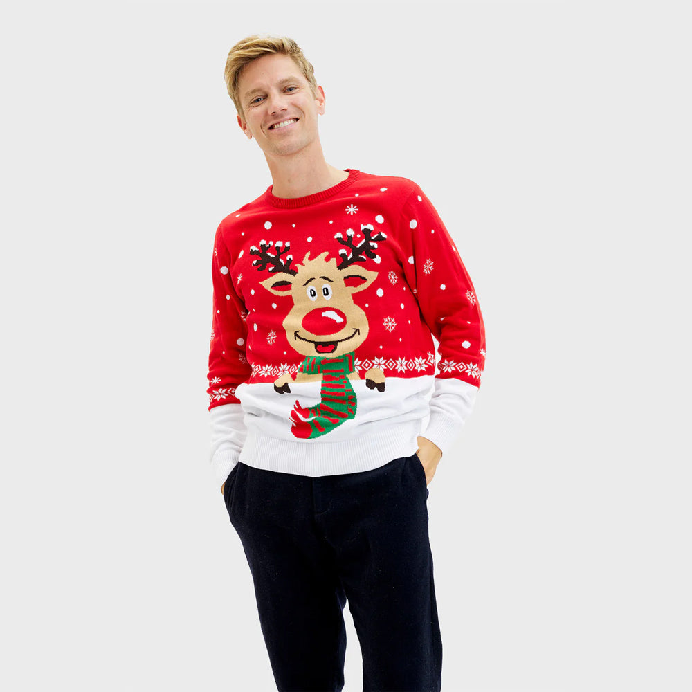 Christmas Jumper with Reindeer with Scarf MensMen's Christmas Jumper Reindeer Scarf