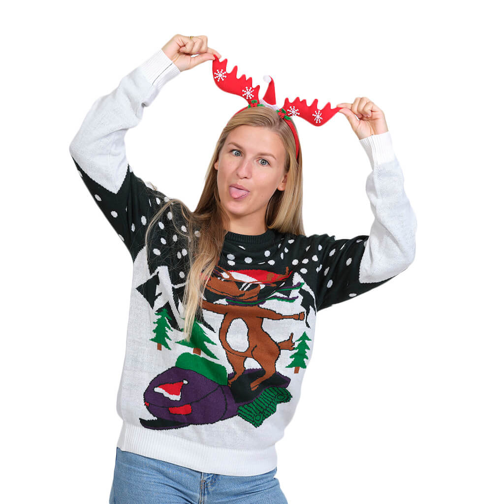 Christmas Jumper with Reindeer on Snowmobile Womens