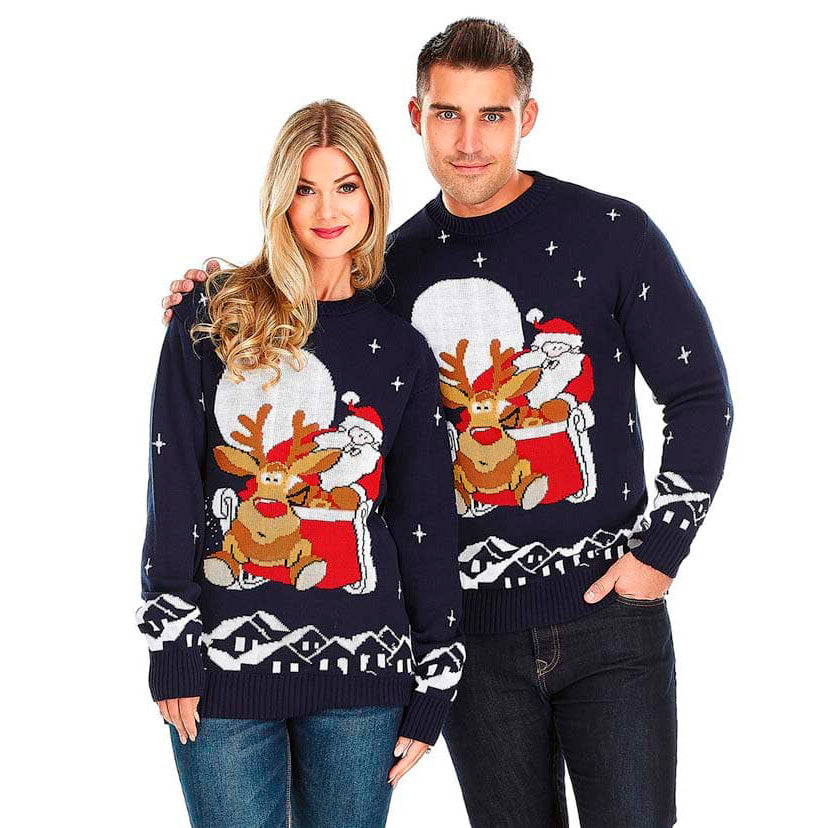 Christmas Jumper with Santa and Rudolph on Sleigh Couple