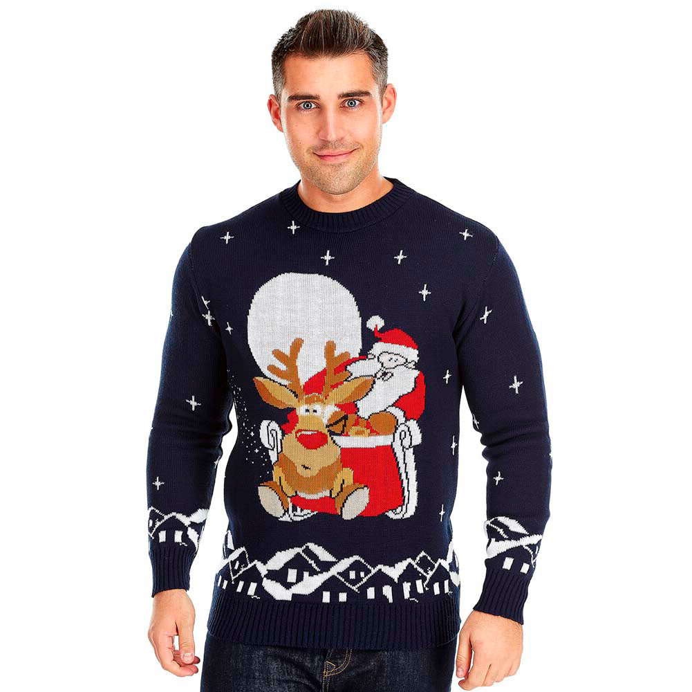 Christmas Jumper with Santa and Rudolph on Sleigh Mens
