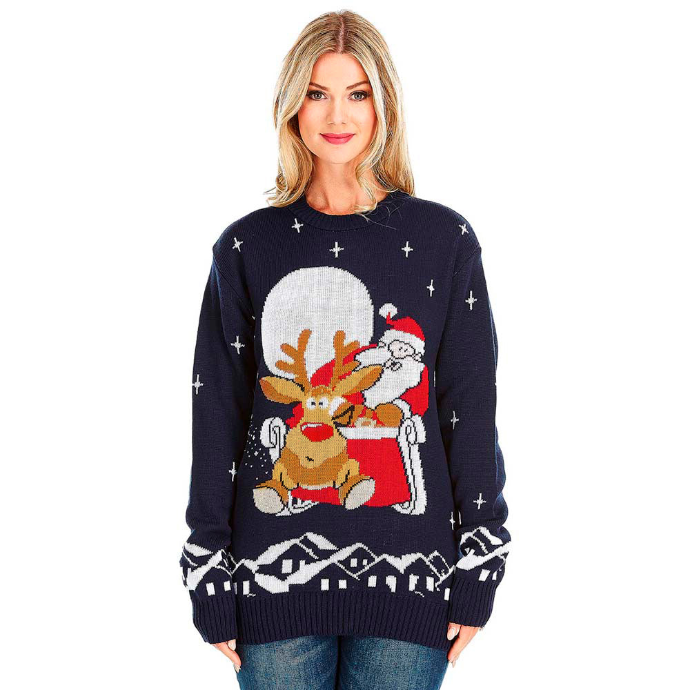 Christmas Jumper with Santa and Rudolph on Sleigh Womens