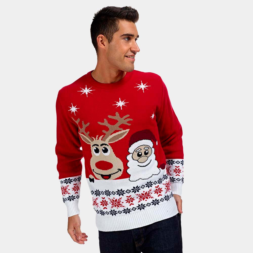 Mens Christmas Jumper with Santa and Rudolph Smiling 2021