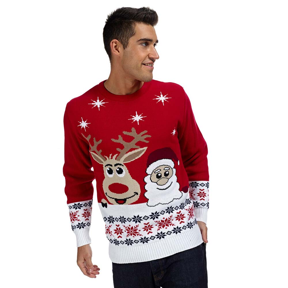 Mens Christmas Jumper with Santa and Rudolph Smiling 2021