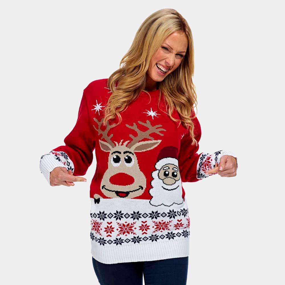 Womens Christmas Jumper with Santa and Rudolph Smiling 2021