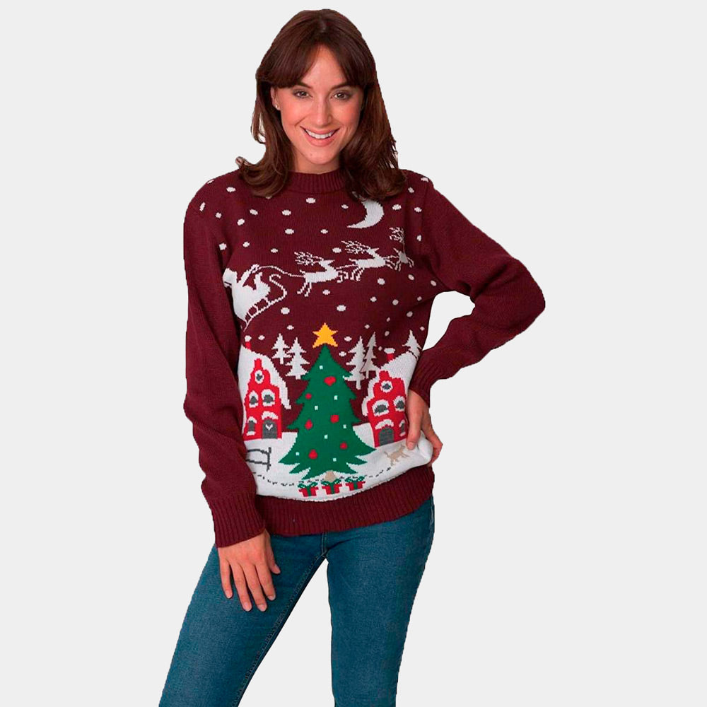 Christmas Jumper Santa on Sleigh and Christmas Tree Womens