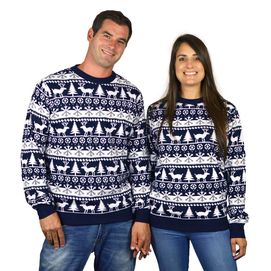 Family Christmas Jumper with Reindeers and Trees Strips couple
