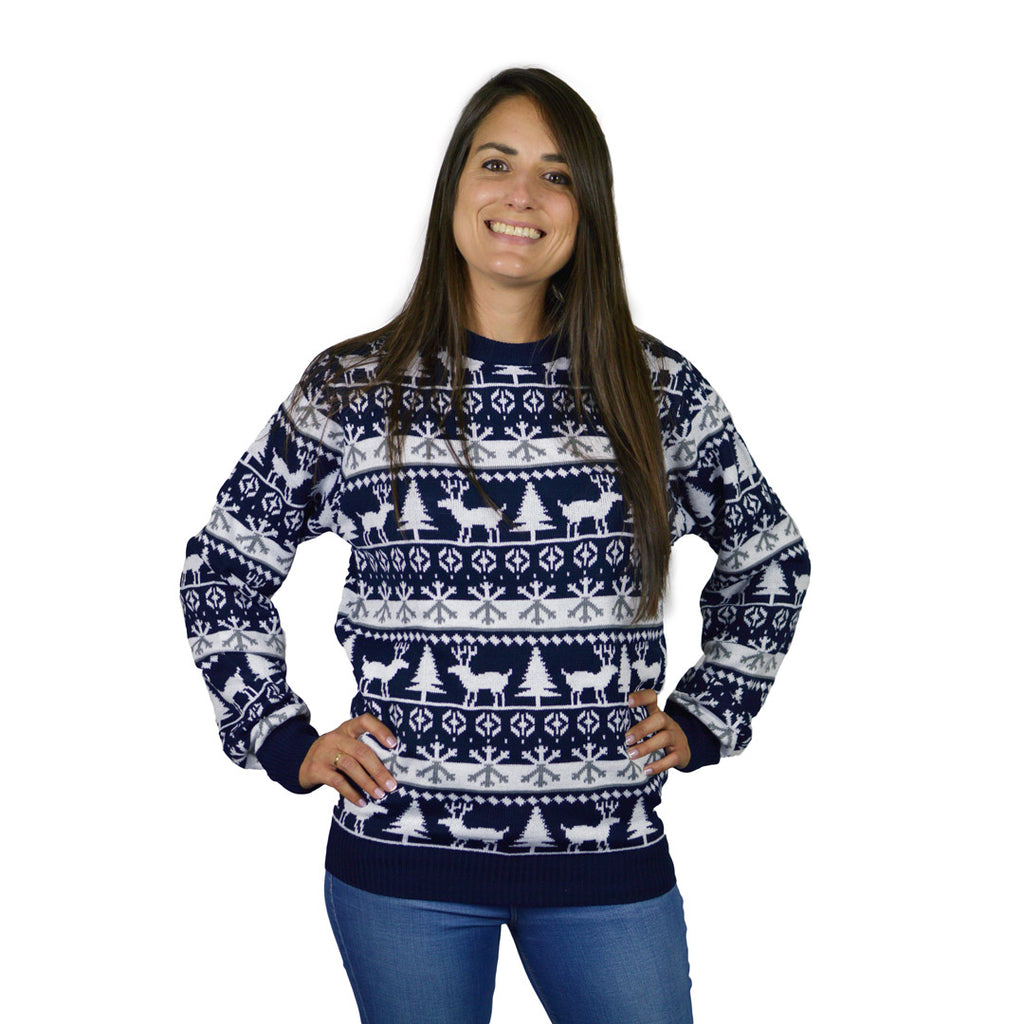 Family Christmas Jumper with Reindeers and Trees Strips Womens