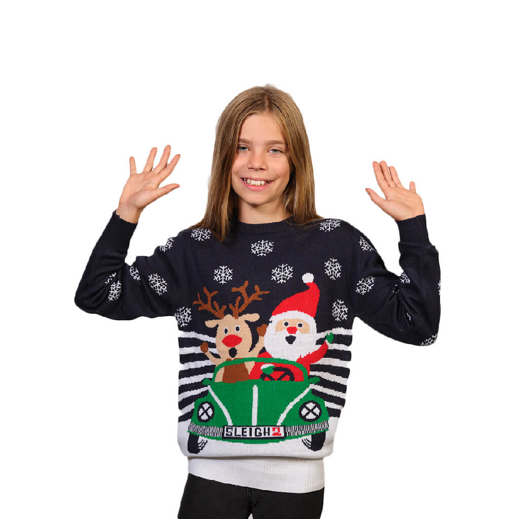 Girls Family Christmas Jumper with Santa and Reindeer Driving