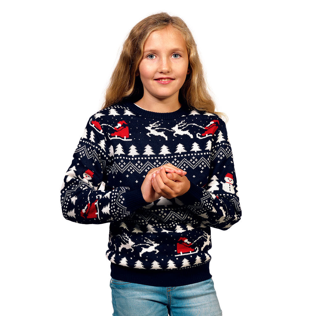 Organic Cotton Family Christmas Jumper with Trees, Snowmens and Santa Girls