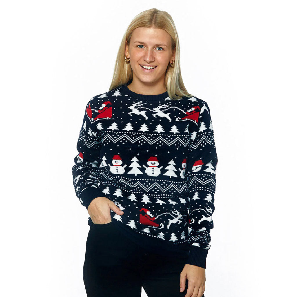 Family Christmas Jumper with Trees, Snowmens and Santa Womens