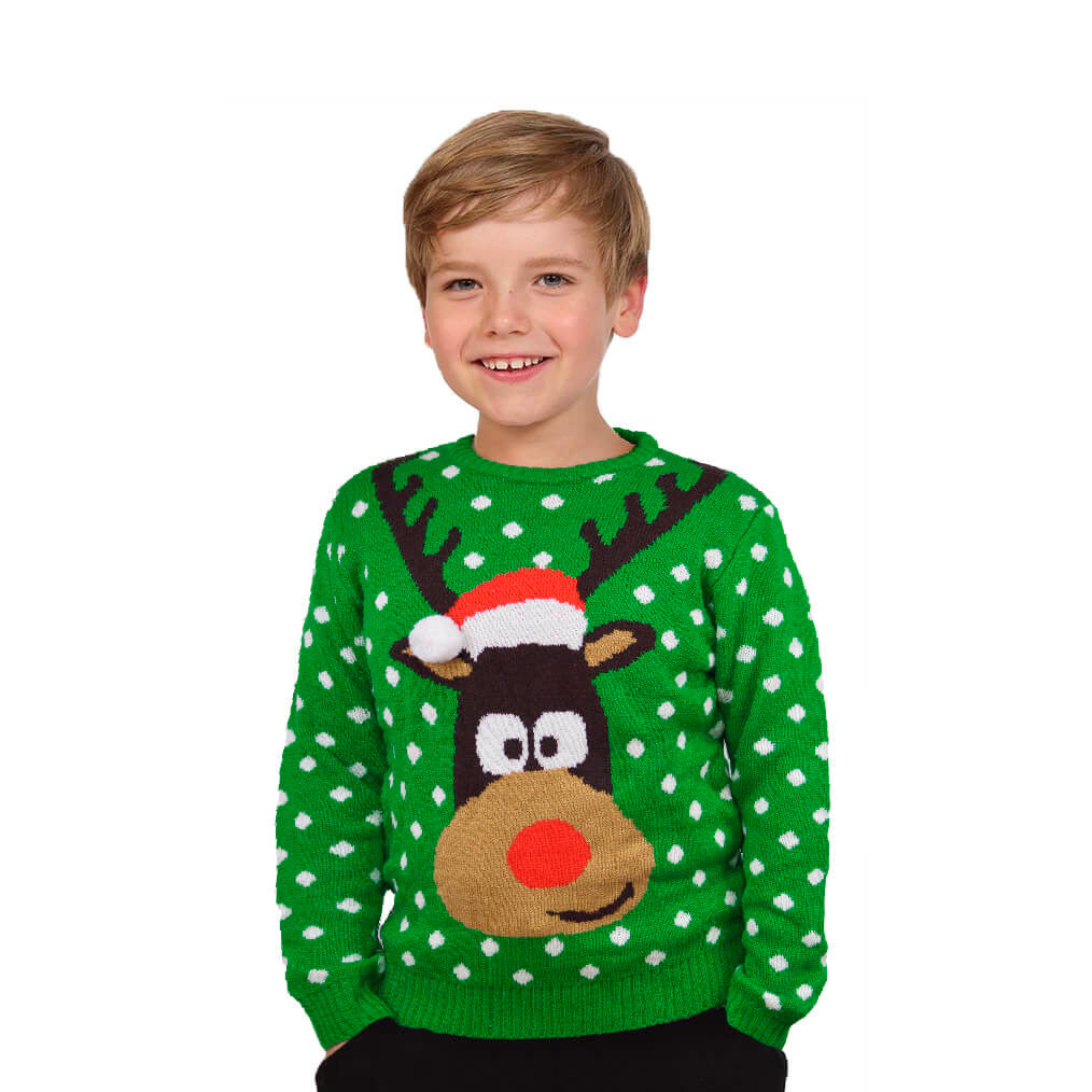 Green 3D Boys and Girls Christmas Jumper Reindeer with Santa's hat Kids