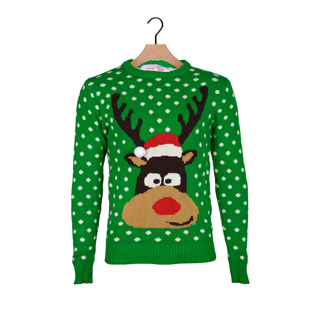 Green 3D Boys and Girls Christmas Jumper Reindeer with Santa's hat