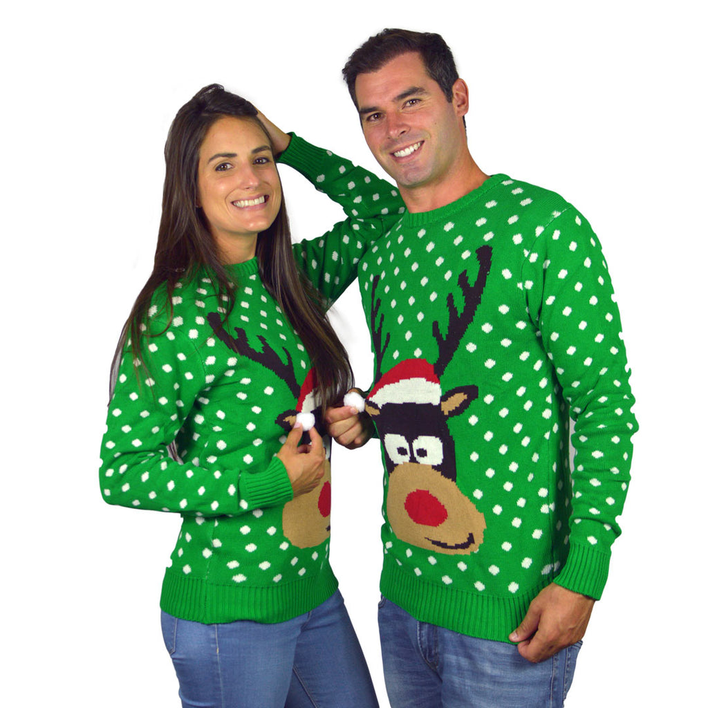 Green 3D Christmas Jumper Reindeer with Santa's hat couple