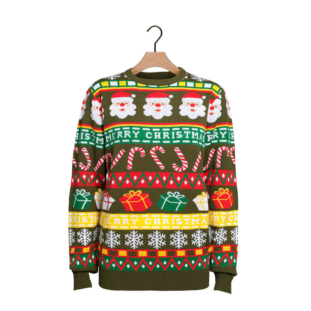 Green Boys and Girls Christmas Jumper with Santa and Gifts