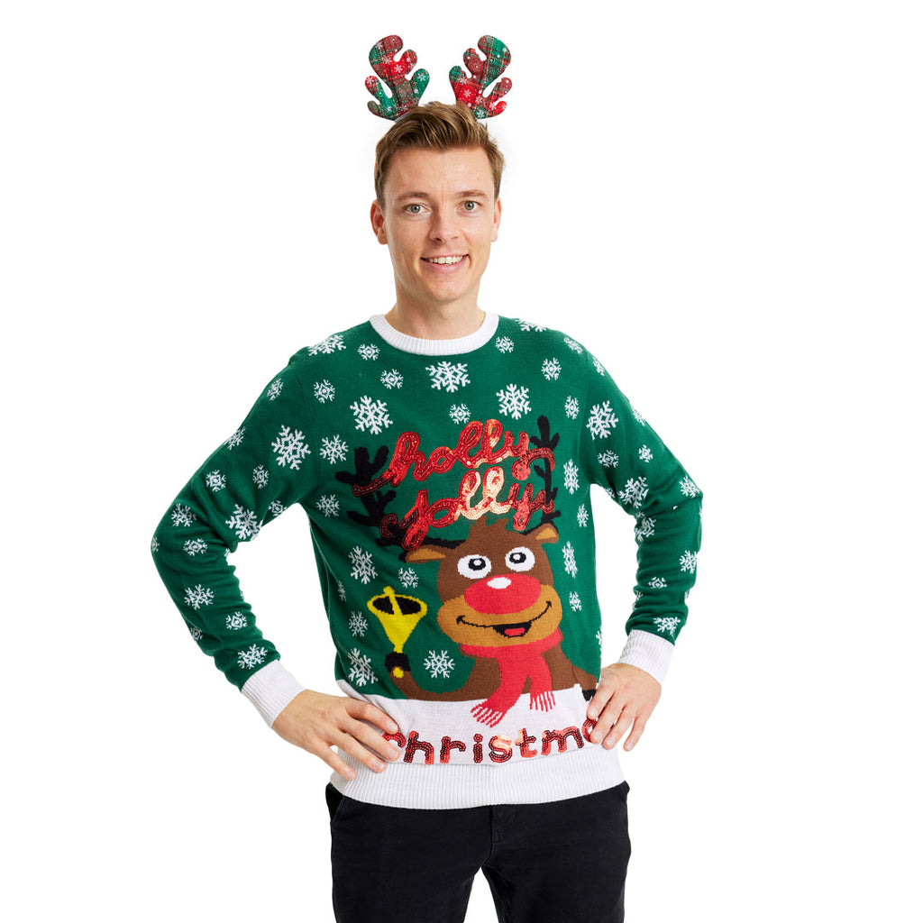 Green Christmas Jumper Holly Jolly with Sequins Mens