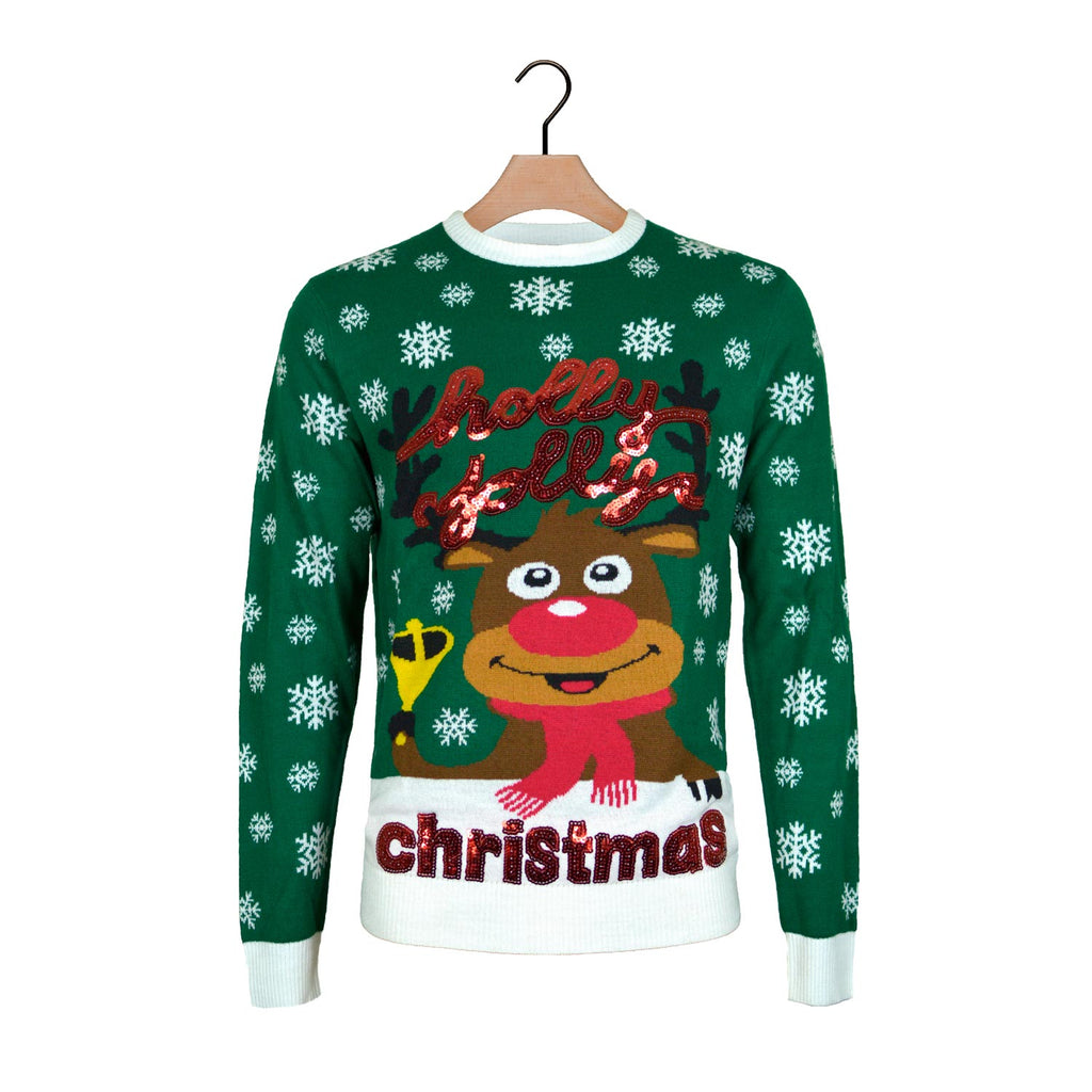 Green Christmas Jumper Holly Jolly with Sequins