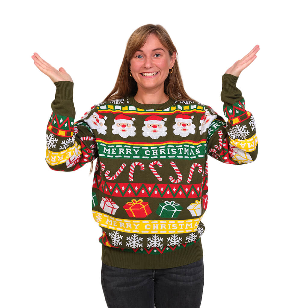 Womens Green Christmas Jumper with Santa and Gifts