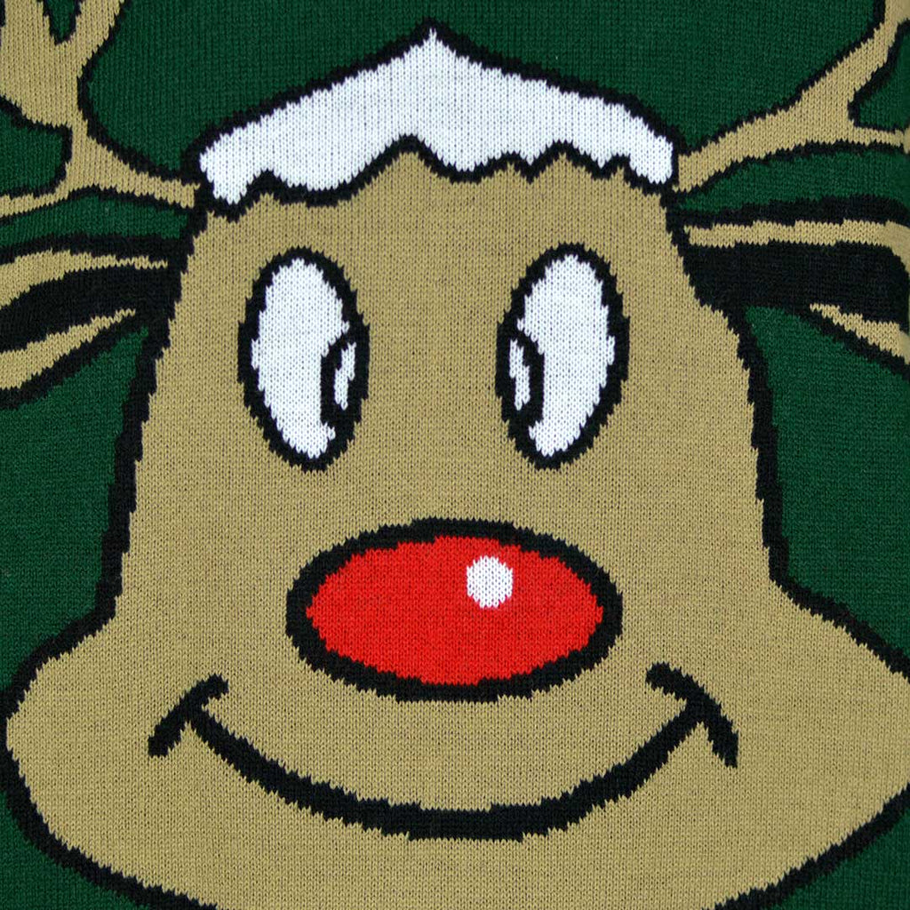 Green Christmas Jumper with Smiling Reindeer Detail