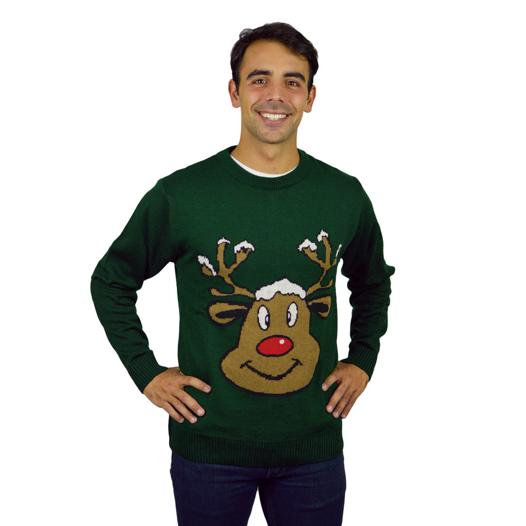 Green Christmas Jumper with Smiling Reindeer Mens