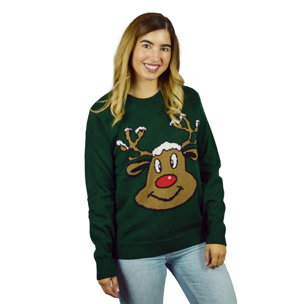 Green Christmas Jumper with Smiling Reindeer Womens