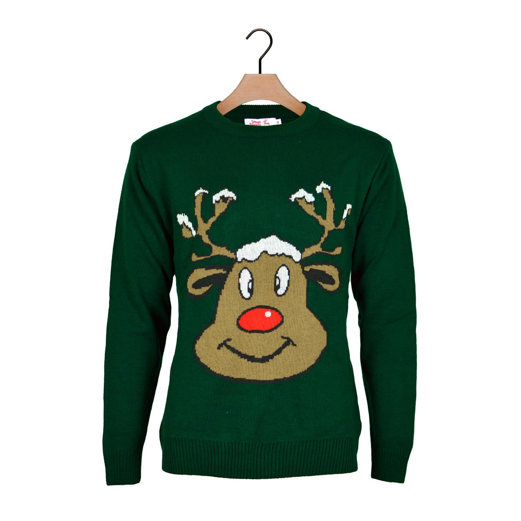 Green Christmas Jumper with Smiling Reindeer