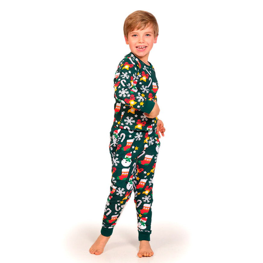 Green Christmas Pyjama for Family with Christmas motifs kids