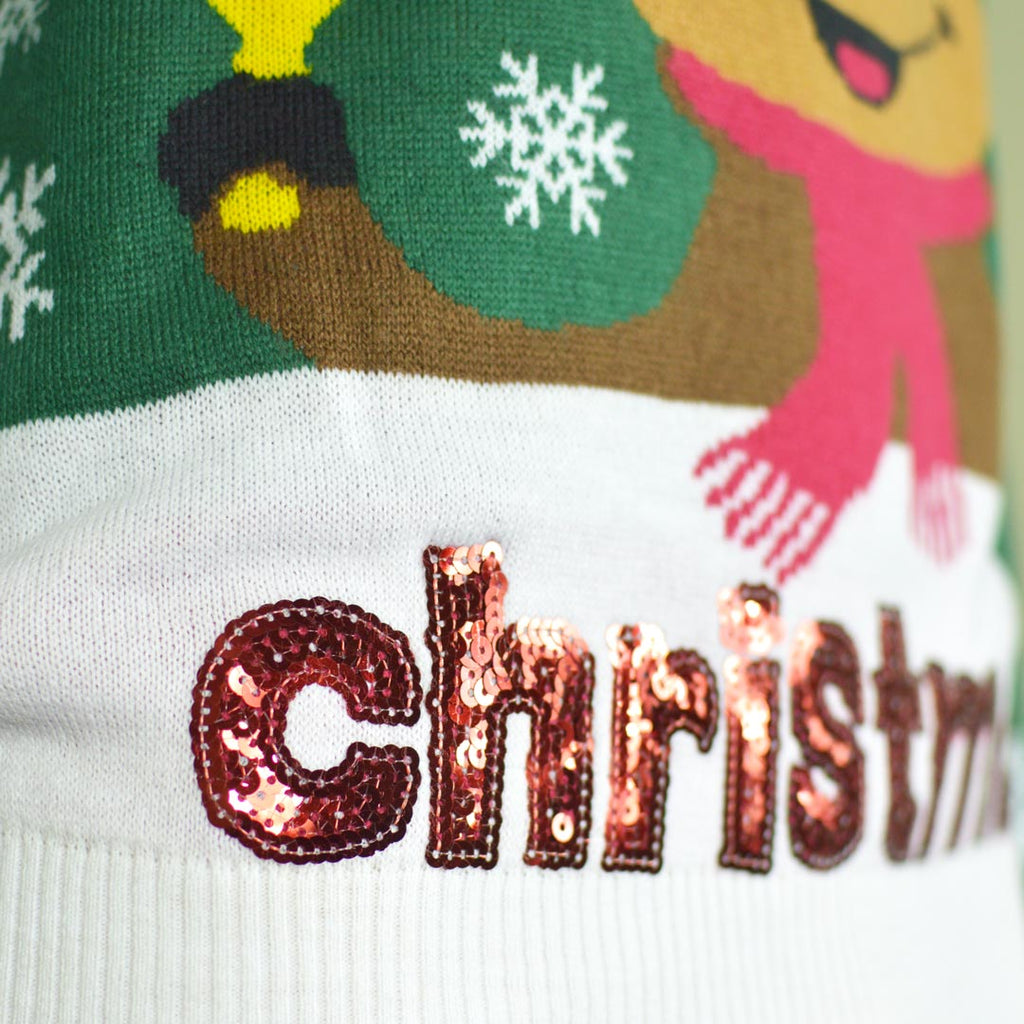 Green Family Christmas Jumper Holly Jolly with Sequins Detail