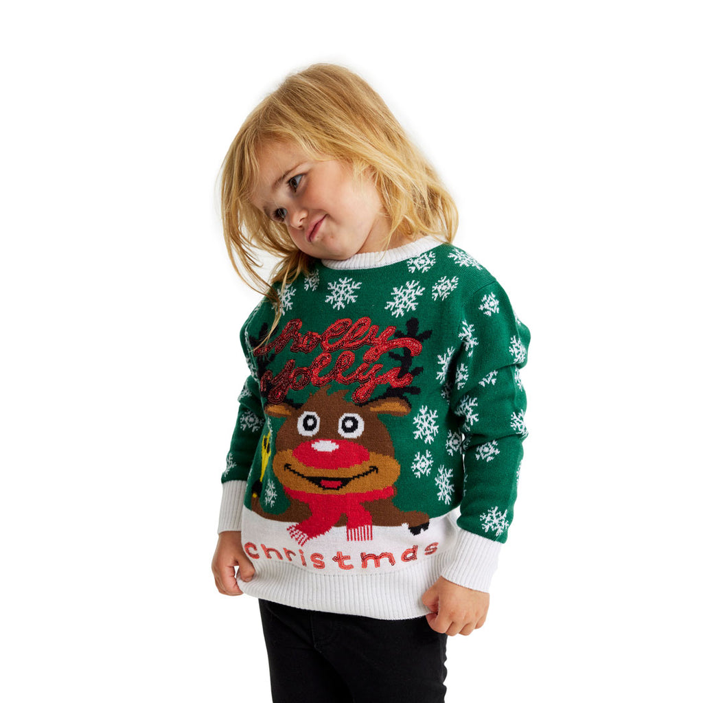 Green Girls Christmas Jumper Holly Jolly with Sequins