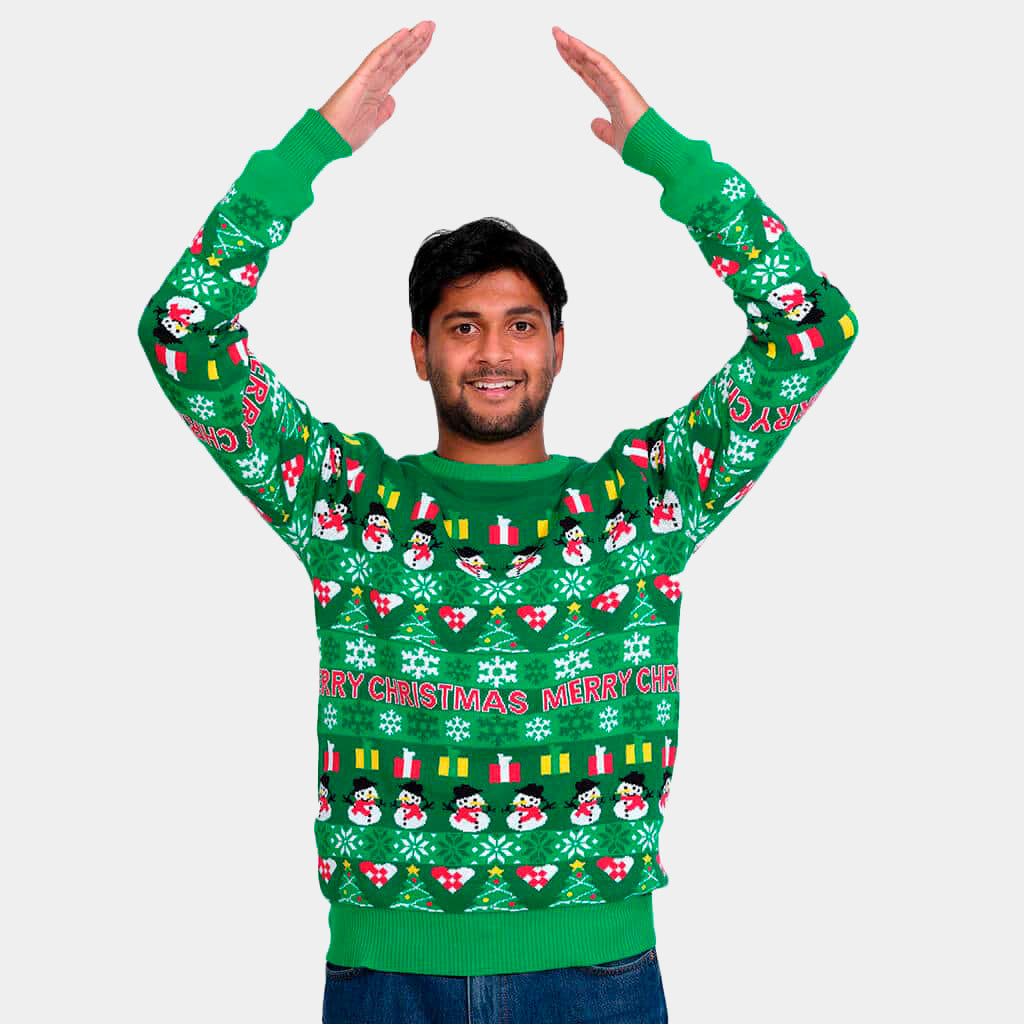 Mens Green Organic Cotton Christmas Jumper with Trees and Snowmens