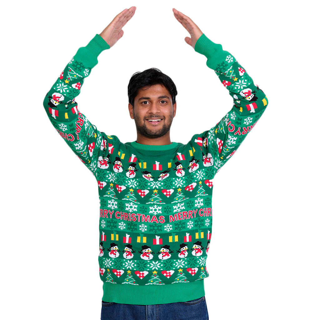 Mens Green Organic Cotton Christmas Jumper with Trees and Snowmens