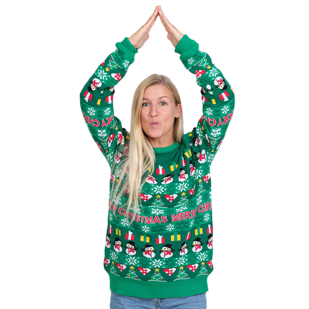 Womens Green Organic Cotton Christmas Jumper with Trees and Snowmens