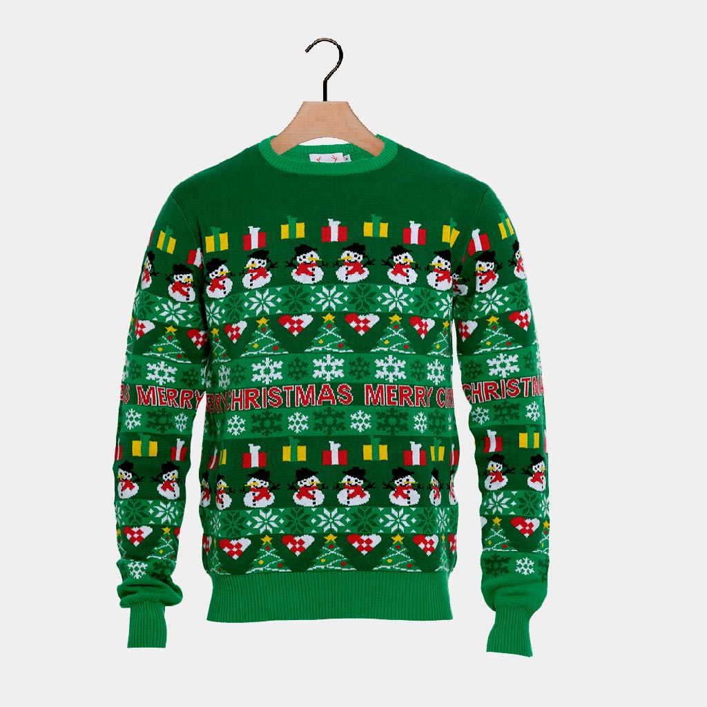 Green Organic Cotton Christmas Jumper with Trees and Snowmens