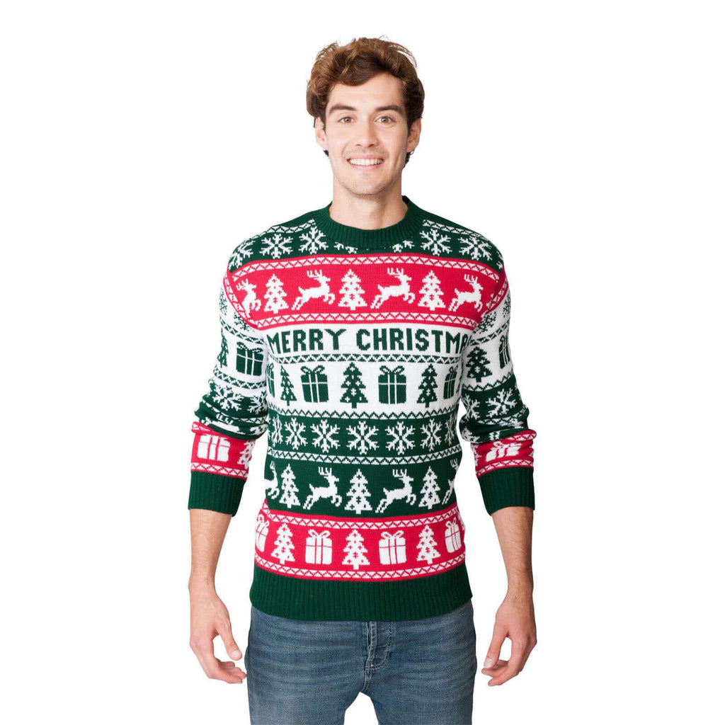 Green, Red and White Strips Christmas Jumper Mens