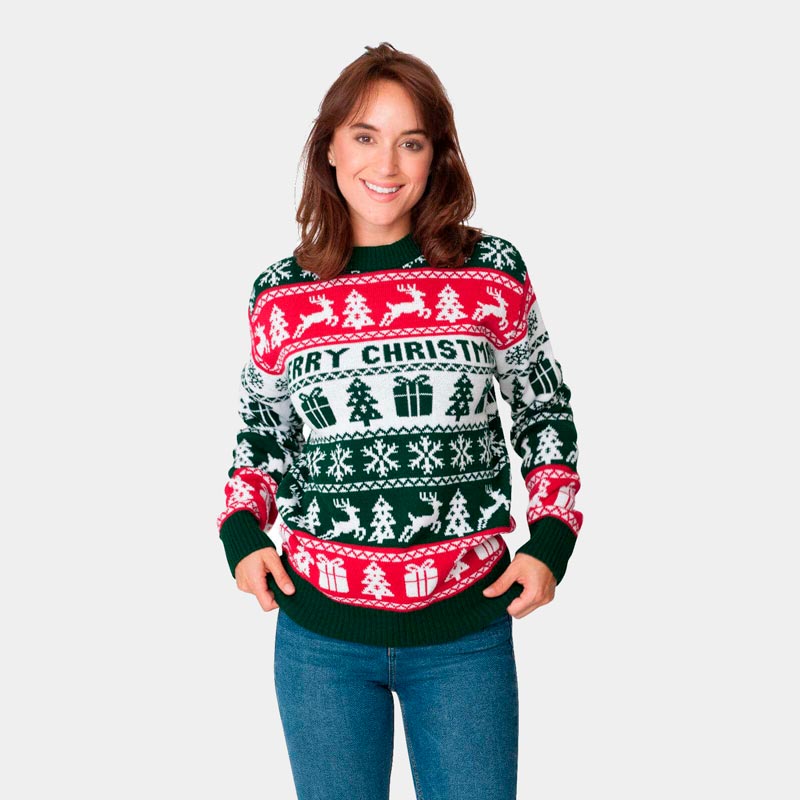 Womens Green, Red and White Strips Christmas Jumper