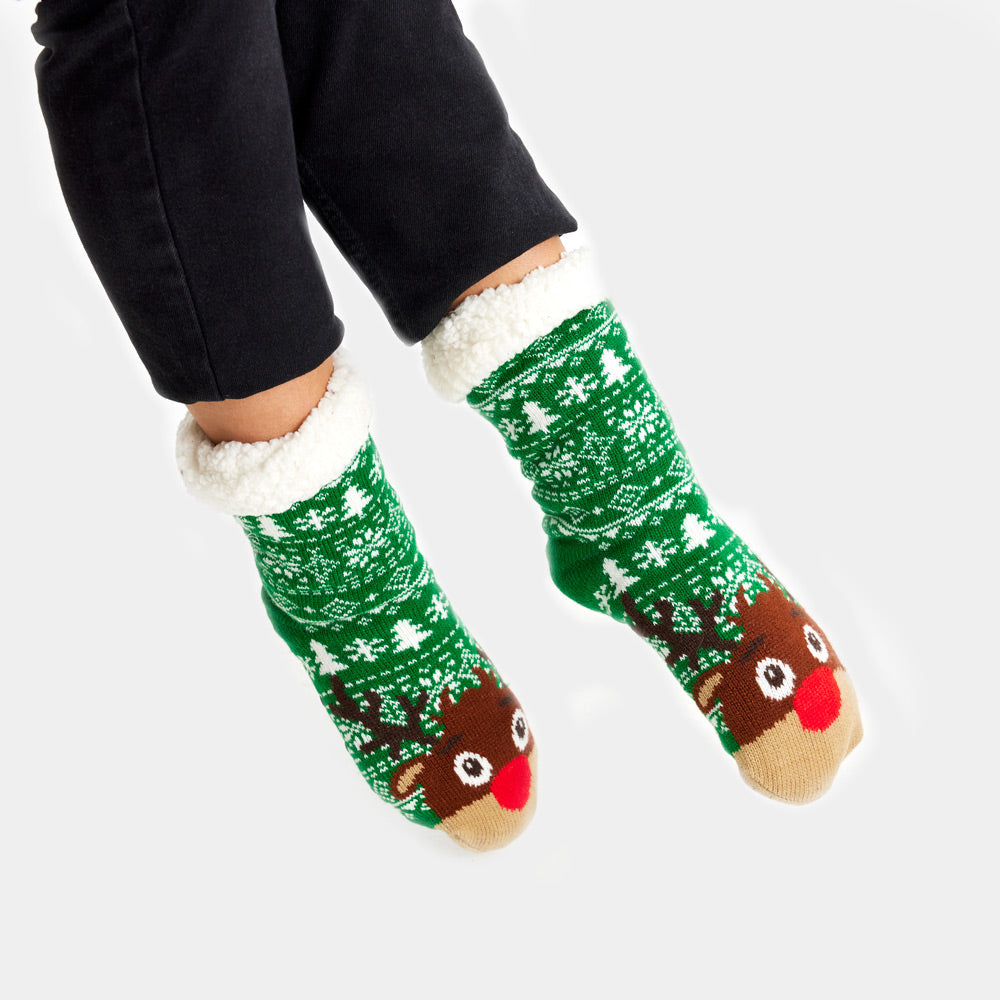 Green Rubber Sole Christmas Socks with Trees and Reindeer Womens and Mens