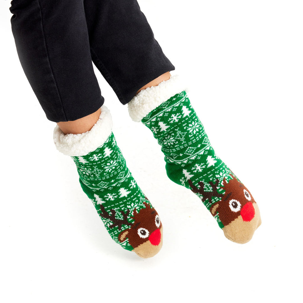 Green Rubber Sole Christmas Socks with Trees and Reindeer Womens and Mens