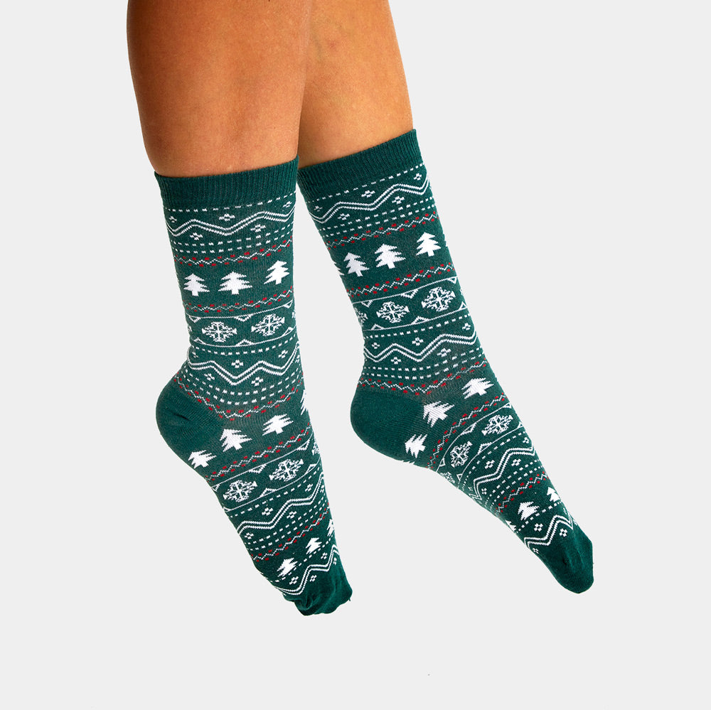 Green Unisex Christmas Socks with Trees and Snow Womens and Mens