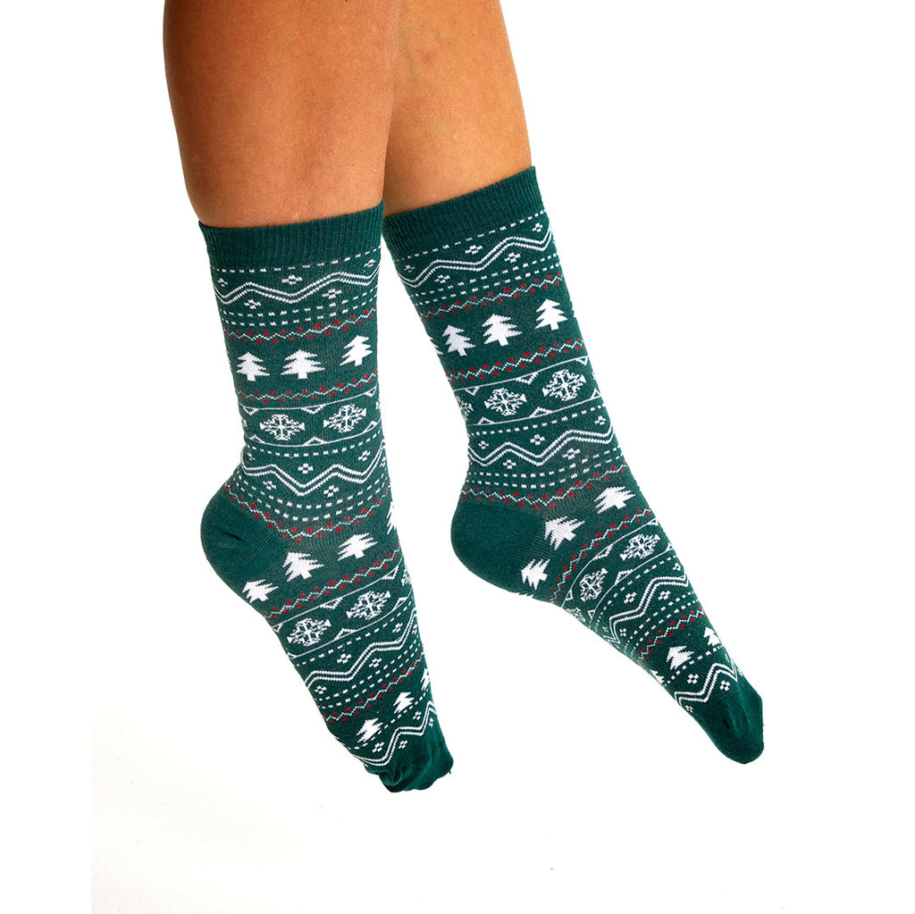 Green Unisex Christmas Socks with Trees and Snow Womens and Mens