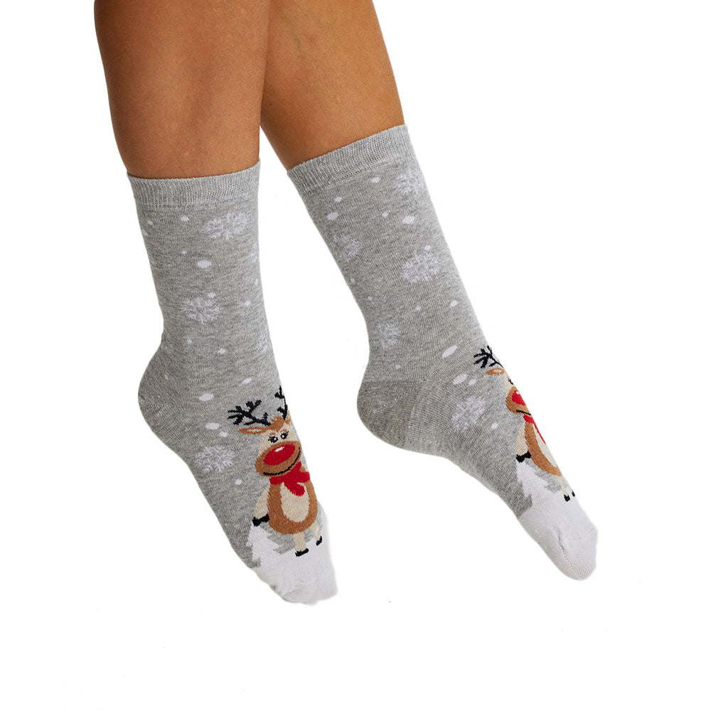 Grey Christmas Socks Unisex Cute Reindeers Womens and Mens