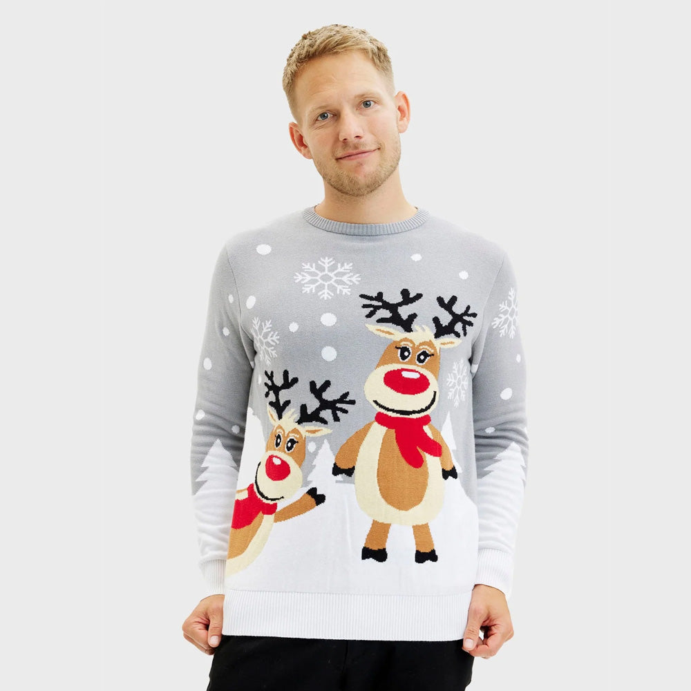 Grey Organic Cotton Cute Reindeers Family Christmas Jumper Mens