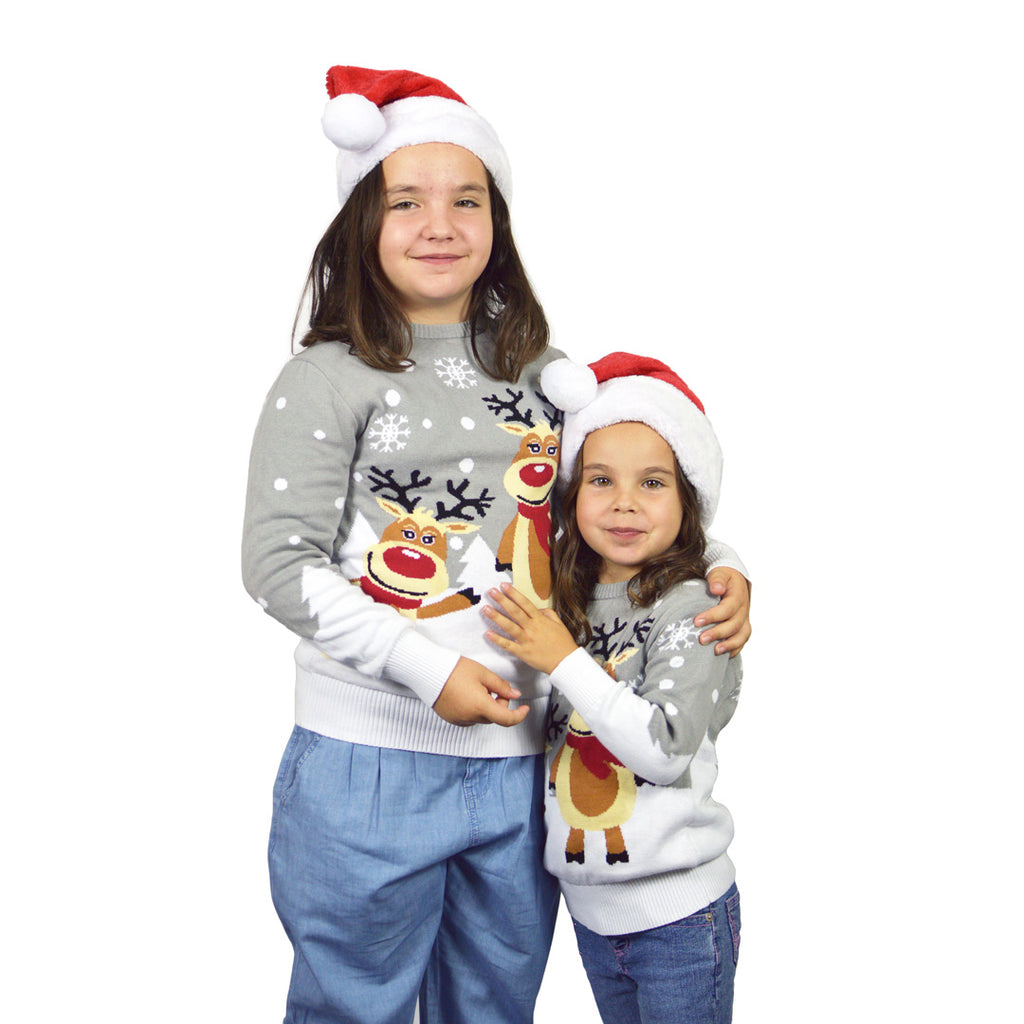 Grey Organic Cotton Girls Christmas Jumper with Cute Reindeers