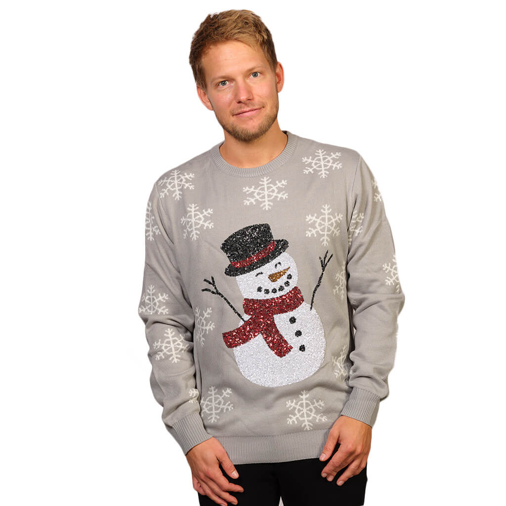 Mens Grey Sequins Christmas Jumper with Snowman
